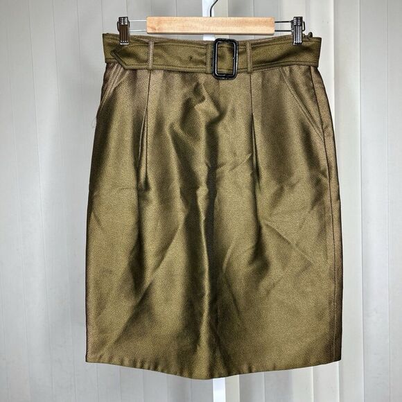 Burberry Vintage Pencil Skirt Bronze Belted Pockets Lined Size 6 Discoloration